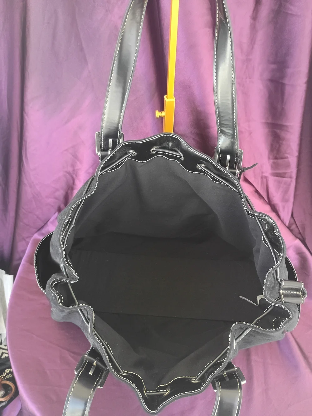 Ralph Lauren Black Suede Drawstring Tote with Leather Trim